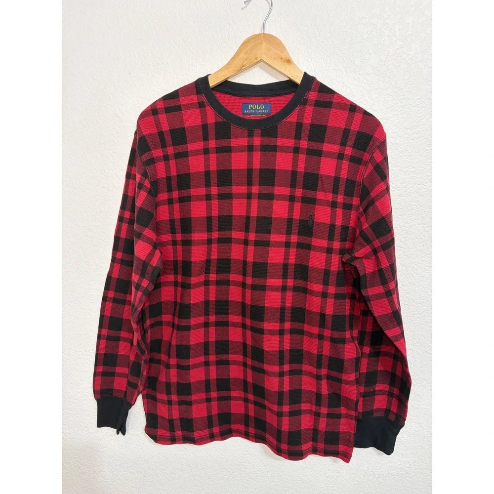 Polo Ralph Lauren Mens Red Black Buffalo Plaid Waffle‎ Knit Thermal Shirt Medium